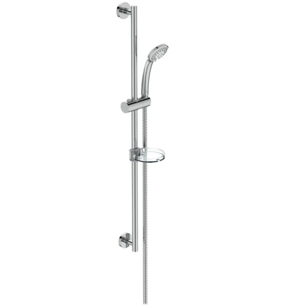 Brausekombination von Ideal Standard mit einem verchromten Halter, einer Handbrause und einer Ablage, montiert an einer vertikalen Stange.